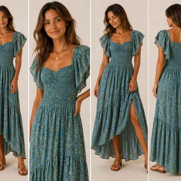 Allegra Apparel Dresses & Skirts - Women’s Teal Floral Maxi Dress with Ruffle Sleeves